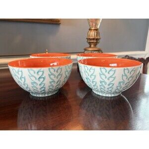 BAUM TANGIER SOUP CEREAL BOWL Aqua White Orange 5 3/4" SET OF 4 Bowls